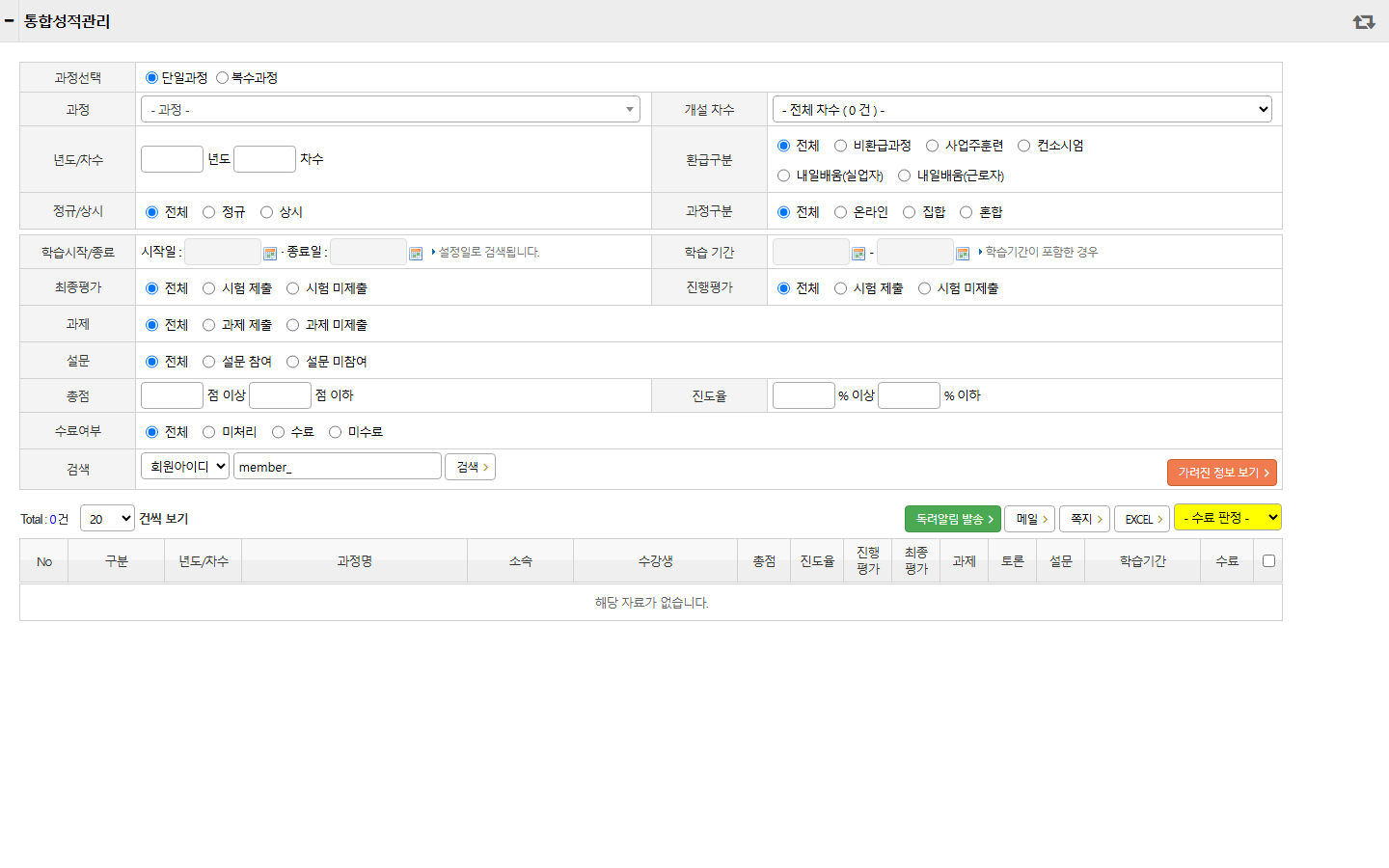 통합성적관리 목록 화면